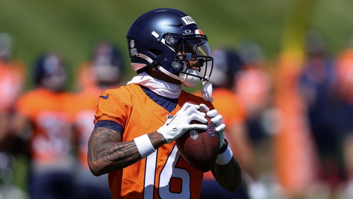 May 23, 2024; Englewood, CO, USA; Denver Broncos wide receiver Troy Franklin (16) during organized team activities at Centura Health Training Center.