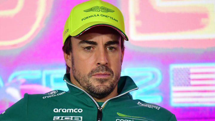 Nov 15, 2023; Las Vegas, Nevada, USA; Aston Martin driver Fernando Alonso of Spain during media availabilities at Las Vegas Strip Circuit. Mandatory Credit: Gary A. Vasquez-USA TODAY Sports