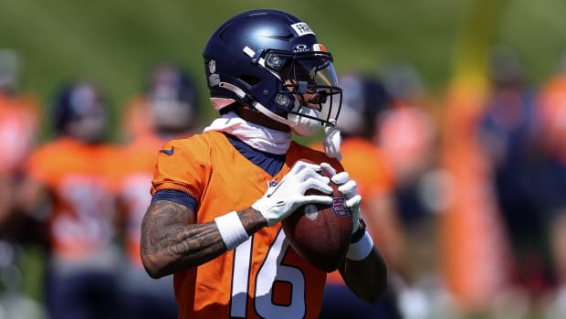 May 23, 2024; Englewood, CO, USA; Denver Broncos wide receiver Troy Franklin (16) during organized team activities