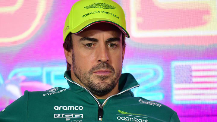 Nov 15, 2023; Las Vegas, Nevada, USA; Aston Martin driver Fernando Alonso of Spain during media availabilities at Las Vegas Strip Circuit. Mandatory Credit: Gary A. Vasquez-USA TODAY Sports
