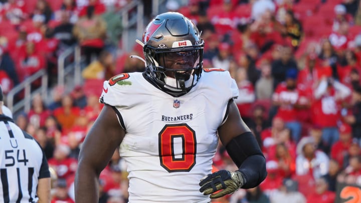 Nov 19, 2023; Santa Clara, California, USA; Tampa Bay Buccaneers outside linebacker Yaya Diaby (0) reacts after a sack against the San Francisco 49ers during the fourth quarter at Levi's Stadium. Mandatory Credit: Kelley L Cox-USA TODAY Sports