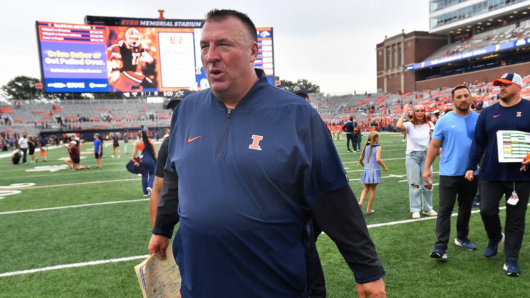 Sep 19, 2026; Champaign, Illinois, USA; Illinois Fighting Illini head coach Bret Bielema walks off the field after a 48-10 win over the Southern Illinois Salukis at Gies Memorial Stadium. Mandatory Credit: Ron Johnson-Imagn Images Sep 19, 2026; Champaign, Illinois, USA; Illinois Fighting Illini head coach Bret Bielema walks off the field after a 48-10 win over the Southern Illinois Salukis at Gies Memorial Stadium. Mandatory Credit: Ron Johnson-Imagn Images
