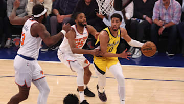 May 29, 2025; New York, New York, USA; Indiana Pacers guard Tyrese Haliburton (0) controls the ball against New York Knicks forward Mikal Bridges (25) in the first quarter during game five of the eastern conference finals for the 2025 NBA Playoffs at Madison Square Garden. Mandatory Credit: Vincent Carchietta-Imagn Images