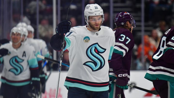 Apr 5, 2024; Anaheim, California, USA; Seattle Kraken center Shane Wright (51) celebrates his goal scored against the Anaheim Ducks during the second period at Honda Center. Mandatory Credit: Gary A. Vasquez-USA TODAY Sports