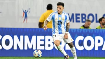 Jul 4, 2024; Houston, TX, USA; Argentina's midfielder Enzo Fernández (24) attempts to controls the ball during the second half against Ecuador at NRG Stadium.