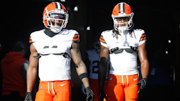 Dec 8, 2024; Pittsburgh, Pennsylvania, USA;  Cleveland Browns wide receiver James Proche II (left) and wide receiver Michael Woods II (right) take the field against the Pittsburgh Steelers at Acrisure Stadium. Mandatory Credit: Charles LeClaire-Imagn Images