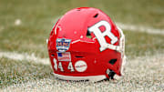 Dec 28, 2023; Bronx, NY, USA; A view of the helmet worn by Rutgers Scarlet Knights place kicker Jai Patel (not pictured) before the 2023 Pinstripe Bowl at Yankee Stadium against the Miami Hurricanes. Mandatory Credit: Vincent Carchietta-Imagn Images