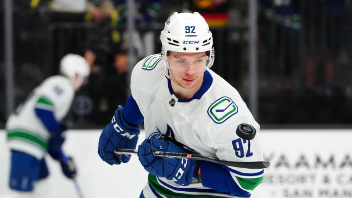 Apr 2, 2024; Las Vegas, Nevada, USA; Vancouver Canucks right wing Vasily Podkolzin (92) warms up before a game against the Vegas Golden Knights at T-Mobile Arena. Mandatory Credit: Stephen R. Sylvanie-USA TODAY Sports