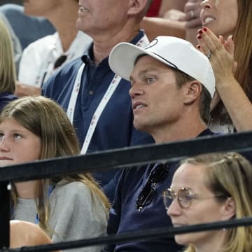 Aug 5, 2024; Paris, France; Tom Brady attends day three of the gymnastics event finals during the Paris 2024 Olympic Summer Games. Mandatory Credit: Jack Gruber-USA TODAY Sports