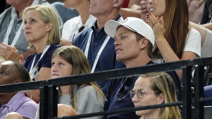 Aug 5, 2024; Paris, France; Tom Brady attends day three of the gymnastics event finals during the Paris 2024 Olympic Summer Games. Mandatory Credit: Jack Gruber-USA TODAY Sports