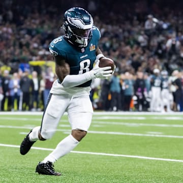 Feb 9, 2025; New Orleans, LA, USA; Philadelphia Eagles safety C.J. Gardner-Johnson (8) against the Kansas City Chiefs during Super Bowl LIX at Ceasars Superdome. Mandatory Credit: Mark J. Rebilas-Imagn Images