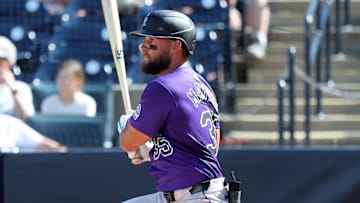 Mar 30, 2025; Tampa, Florida, USA; Tampa Bay Rays right field Nick Martini (35) singles during the ninth inning against the Colorado Rockies at George M. Steinbrenner Field. Mandatory Credit: Kim Klement Neitzel-Imagn Images