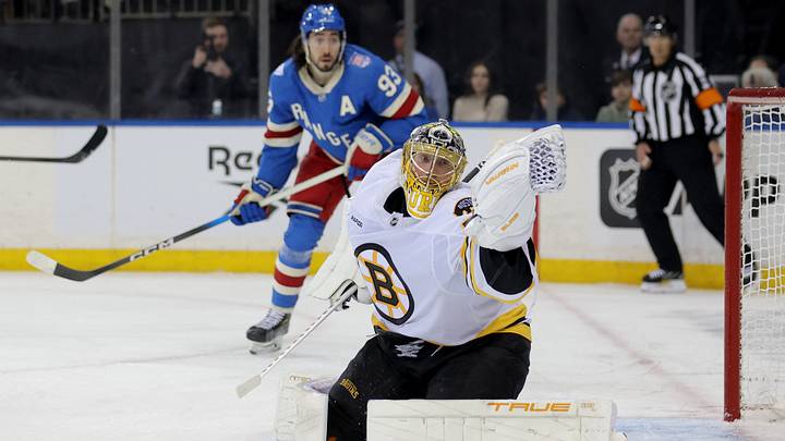 Jan 26, 2026; New York, New York, USA; Boston Bruins goaltender Joonas Korpisalo (70) makes a save against the New York Rangers during the second period at Madison Square Garden. Mandatory Credit: Brad Penner-Imagn Images Jan 26, 2026; New York, New York, USA; Boston Bruins goaltender Joonas Korpisalo (70) makes a save against the New York Rangers during the second period at Madison Square Garden. Mandatory Credit: Brad Penner-Imagn Images