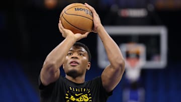 Mar 24, 2025; Orlando, Florida, USA; Los Angeles Lakers forward Rui Hachimura (28) warms up before a game against the Orlando Magic at Kia Center. Mandatory Credit: Nathan Ray Seebeck-Imagn Images