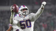 Nov 26, 2023; Philadelphia, Pennsylvania, USA; Buffalo Bills defensive end Greg Rousseau (50) against the Philadelphia Eagles at Lincoln Financial Field. Mandatory Credit: Eric Hartline-USA TODAY Sports