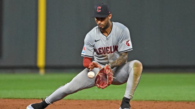 Brayan Rocchio fields a ball at shortstop 