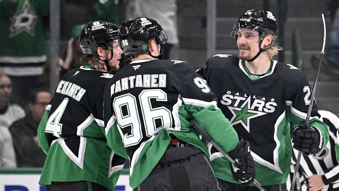 Nov 28, 2025; Dallas, Texas, USA; Dallas Stars defenseman Miro Heiskanen (4) and right wing Mikko Rantanen (96) and center Roope Hintz (24) and center Wyatt Johnston (53) celebrates a power play goal scored by Hintz against the Utah Mammoth during the first period at the American Airlines Center. Mandatory Credit: Jerome Miron-Imagn Images