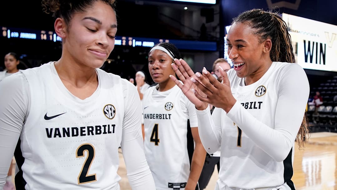 Vanderbilt guard Mikayla Blakes (1) reacts after defeating Arkansas at Memorial Gym in Nashville, Tenn., Thursday, Jan. 23, 2025.