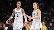 Jul 3, 2025; Brooklyn, New York, USA;  New York Liberty guards Natasha Cloud (9) and Sabrina Ionescu (20) at Barclays Center. Mandatory Credit: Wendell Cruz-Imagn Images