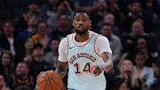 Apr 9, 2025; San Francisco, California, USA;  San Antonio Spurs guard Blake Wesley (14) dribbles the ball upcourt in the third quarter against the Golden State Warriors at Chase Center. Mandatory Credit: David Gonzales-Imagn Images