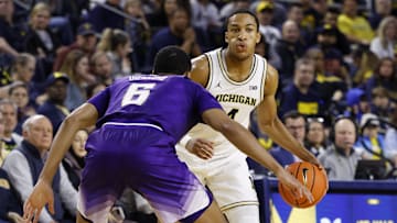 Jan 12, 2025; Ann Arbor, Michigan, USA; Michigan Wolverines guard Nimari Burnett (4) dribbles defended by Washington Huskies guard Tyree Ihenacho (6) in the first half at Crisler Center. Mandatory Credit: Rick Osentoski-Imagn Images