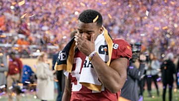 January 7, 2019; Santa Clara, CA, USA; Alabama Crimson Tide running back Damien Harris (34) after the 2019 College Football Playoff Championship game against the Clemson Tigers at Levi's Stadium. Clemson defeated Alabama 44-16. Mandatory Credit: Kyle Terada-Imagn Images