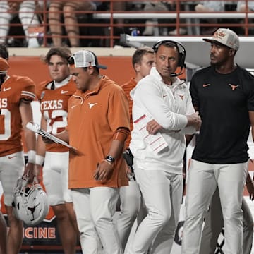 Sep 14, 2024; Austin, Texas, USA; Texas Longhorns head coach Steve Sarkisian looks on during the second half against the Texas-San Antonio Roadrunners at Darrell K Royal-Texas Memorial Stadium. Mandatory Credit: Scott Wachter-Imagn Images