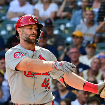 Sep 2, 2024; Milwaukee, Wisconsin, USA;  St. Louis Cardinals first baseman Paul Goldschmidt (46) reacts after striking out in the eighth inning against the Milwaukee Brewers at American Family Field. Mandatory Credit: Benny Sieu-Imagn Images