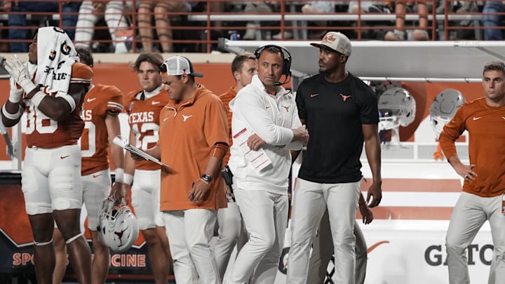 Sep 14, 2024; Austin, Texas, USA; Texas Longhorns head coach Steve Sarkisian looks on during the second half against the Texas-San Antonio Roadrunners at Darrell K Royal-Texas Memorial Stadium. Mandatory Credit: Scott Wachter-Imagn Images