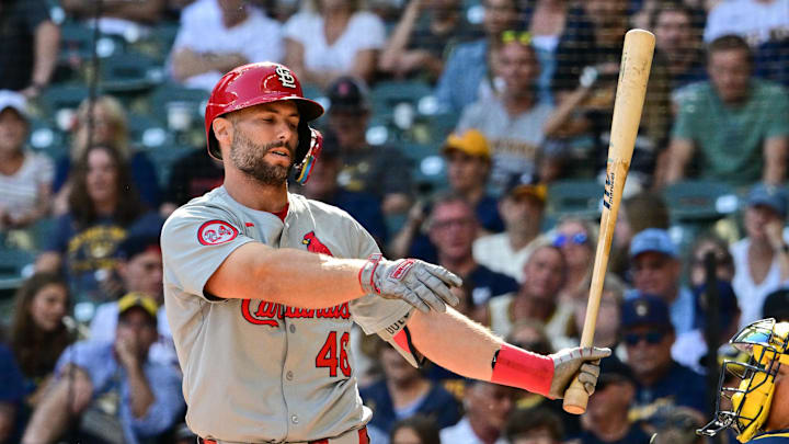 Sep 2, 2024; Milwaukee, Wisconsin, USA;  St. Louis Cardinals first baseman Paul Goldschmidt (46) reacts after striking out in the eighth inning against the Milwaukee Brewers at American Family Field. Mandatory Credit: Benny Sieu-Imagn Images