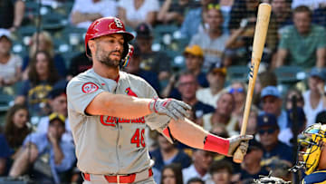 Sep 2, 2024; Milwaukee, Wisconsin, USA;  St. Louis Cardinals first baseman Paul Goldschmidt (46) reacts after striking out in the eighth inning against the Milwaukee Brewers at American Family Field. Mandatory Credit: Benny Sieu-Imagn Images
