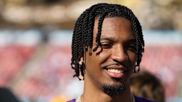 Jan 1, 2024; Tampa, FL, USA;  LSU Tigers quarterback Jayden Daniels (5) looks on from the sidelines