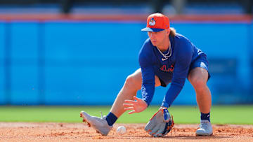 Feb 12, 2025; Port St. Lucie, FL, USA; New York Mets shortstop Jett Williams (90) plays his position during a Spring Training workout at Clover Park. Mandatory Credit: Sam Navarro-Imagn Images