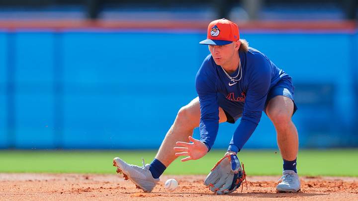 Feb 12, 2025; Port St. Lucie, FL, USA; New York Mets shortstop Jett Williams (90) plays his position during a Spring Training workout at Clover Park. Mandatory Credit: Sam Navarro-Imagn Images