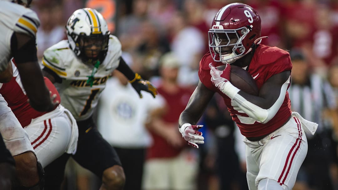 Oct 26, 2024; Tuscaloosa, Alabama, USA;  Alabama Crimson Tide running back Richard Young (9) runs the ball against the Missouri Tigers during the fourth quarter at Bryant-Denny Stadium. Mandatory Credit: Will McLelland-Imagn Images