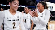 Vanderbilt guard Mikayla Blakes (1) reacts after defeating Arkansas at Memorial Gym in Nashville, Tenn., Thursday, Jan. 23, 2025.