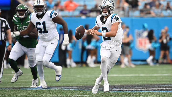 Aug 12, 2023; Charlotte, North Carolina, USA; Carolina Panthers quarterback Matt Corral (2) looks to pass in the fourth quarter at Bank of America Stadium. Mandatory Credit: Bob Donnan-USA TODAY Sports