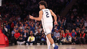 Nov 18, 2025; New York, New York, USA; Duke Blue Devils guard Cayden Boozer (2) reacts after a basket during the second half against the Kansas Jayhawks at Madison Square Garden. Mandatory Credit: Vincent Carchietta-Imagn Images