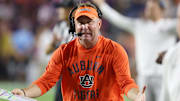 Auburn Tigers coach Hugh Freeze reacts after a play during the fourth quarter against the Missouri Tigers at Jordan-Hare Stadium.