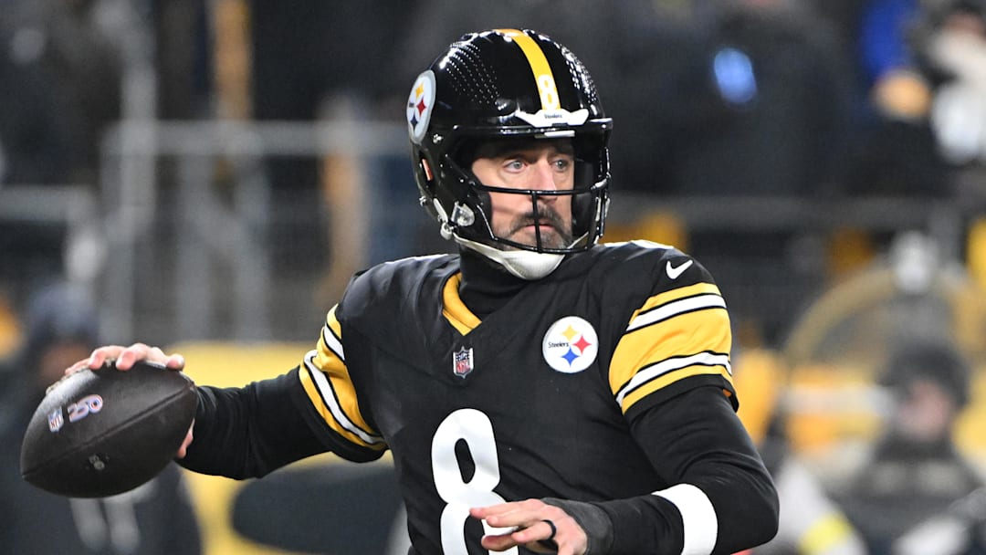 Jan 4, 2026; Pittsburgh, Pennsylvania, USA; Pittsburgh Steelers quarterback Aaron Rodgers (8) drops back to pass against the Baltimore Ravens during the first half at Acrisure Stadium. Mandatory Credit: Barry Reeger-Imagn Images