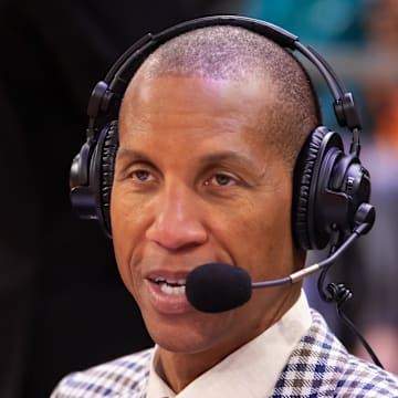 NBA on TNT analyst Reggie Miller works a game.