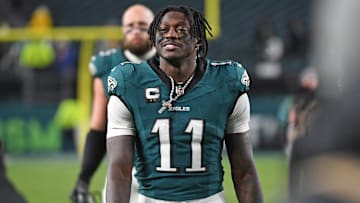 Dec 15, 2024; Philadelphia, Pennsylvania, USA;  Philadelphia Eagles wide receiver A.J. Brown (11) smiles as he walks off the field after win against the Pittsburgh Steelers at Lincoln Financial Field. Mandatory Credit: Eric Hartline-Imagn Images