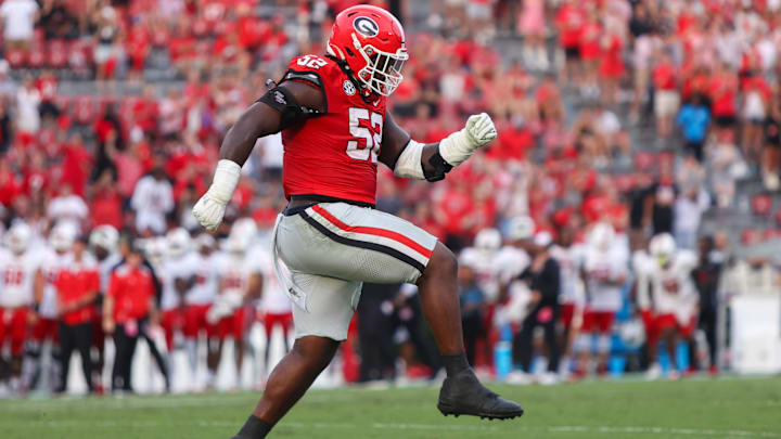 Sep 6, 2025; Athens, Georgia, USA; Georgia Bulldogs defensive lineman Christen Miller (52) reacts after a defensive stop against the Austin Peay Governors in the fourth quarter at Sanford Stadium. Mandatory Credit: Brett Davis-Imagn Images