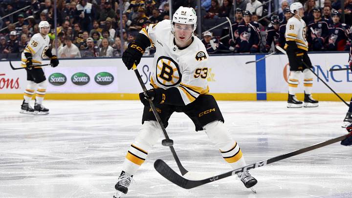 Apr 12, 2026; Columbus, Ohio, USA; Boston Bruins center Fraser Minten (93) flips the puck in the zone against the Columbus Blue Jackets during the second period at Nationwide Arena. Mandatory Credit: Russell LaBounty-Imagn Images Apr 12, 2026; Columbus, Ohio, USA; Boston Bruins center Fraser Minten (93) flips the puck in the zone against the Columbus Blue Jackets during the second period at Nationwide Arena. Mandatory Credit: Russell LaBounty-Imagn Images