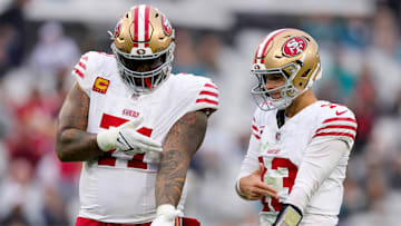 San Francisco 49ers offensive tackle Trent Williams and quarterback Brock Purdy during a matchup with the Jacksonville Jaguars
