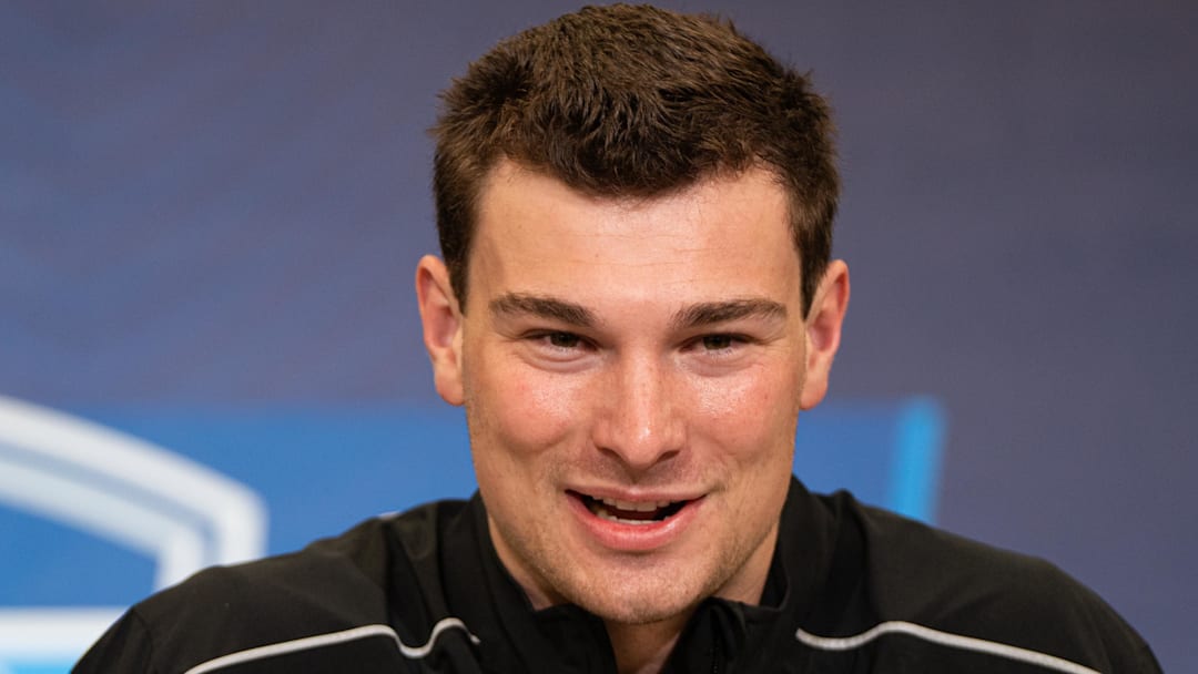 Feb 27, 2026; Indianapolis, IN, USA; Indiana quarterback Fernando Mendoza (QB11) speaks to members of the media during the NFL Combine at the Indiana Convention Center. Mandatory Credit: Jacob Musselman-Imagn Images