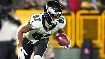Nov 10, 2025; Green Bay, Wisconsin, USA;  Philadelphia Eagles wide receiver Xavier Gipson (87) during the game against the Green Bay Packers at Lambeau Field. Mandatory Credit: Jeff Hanisch-Imagn Images