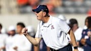 Nov 8, 2025; Tucson, Arizona, USA; Arizona Wildcats head coach Brent Brennan reacts against the Kansas Jayhawks in the second half at Arizona Stadium. Mandatory Credit: Mark J. Rebilas-Imagn Images