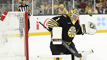 May 4, 2024; Boston, Massachusetts, USA; Boston Bruins goaltender Jeremy Swayman (1) makes a save during the second period in game seven of the first round of the 2024 Stanley Cup Playoffs against the Toronto Maple Leafs at TD Garden. Mandatory Credit: Bob DeChiara-Imagn Images