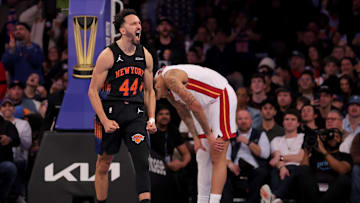 Nov 14, 2025; New York, New York, USA; New York Knicks guard Landry Shamet (44) reacts in front of Miami Heat center Kel'el Ware (7) during the fourth quarter at Madison Square Garden. Mandatory Credit: Brad Penner-Imagn Images